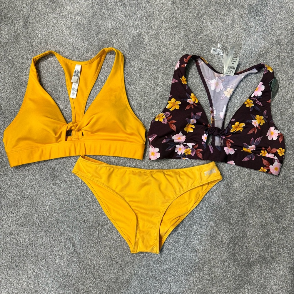 NWT PINK Victoria's Secret Yellow & Maroon Floral Sports Bra/bikini bundle Med